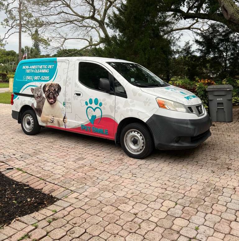 Pet Smile mobile dental unit parked at a client's home